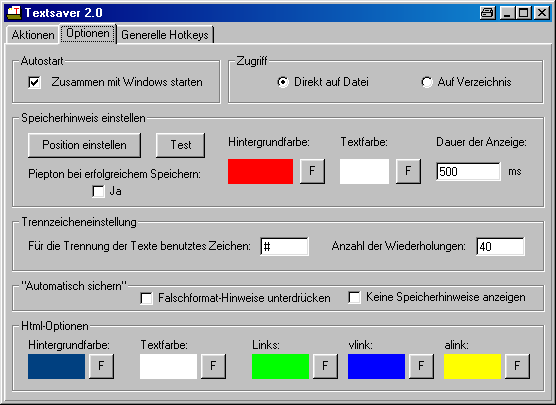 Screenshot Textsaver: Optionen